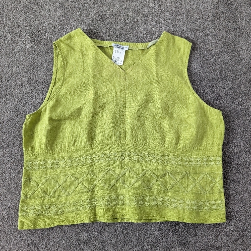 Steilmann Coordinates Women's Linen Tank Top Blouse Size 14 Green Embrodiered